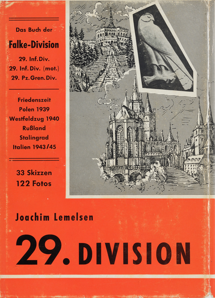 Rotes Buchcover mit schwarz-weißer Graphik oben rechts von Joachim Lemelsens Publikation "29. Divisionen".