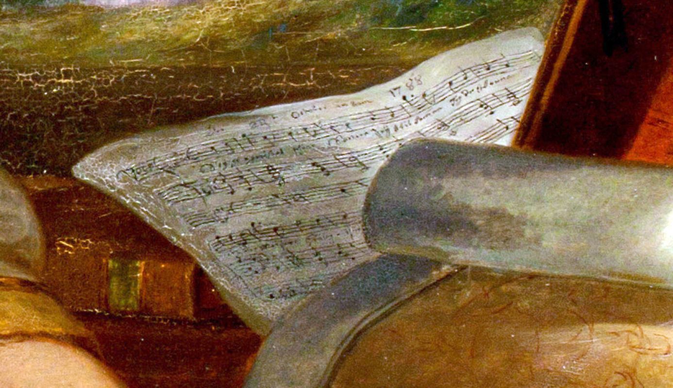 Detail des Notenblattes im Bild (Angelika Kauffmann (1741–1807), Herzogin Anna Amalia von Sachsen-Weimar und Eisenach in Rom, 1789, Klassik Stiftung Weimar, Dauerleihgabe S.K.H. Prinz Michael von Sachsen-Weimar-Eisenach)