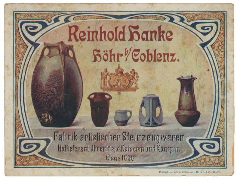 Historisches Werbeplakat, auf der drei Vasen der Firma Hanke abgebildet sind.